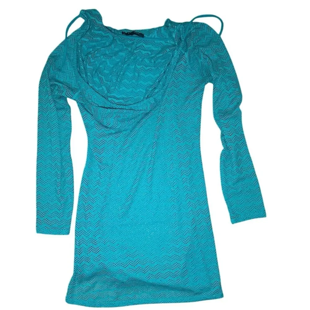 PrAna Crochet Lace Hooded Swimsuit Cover Up Beach Tunic Turquoise Women’s Small